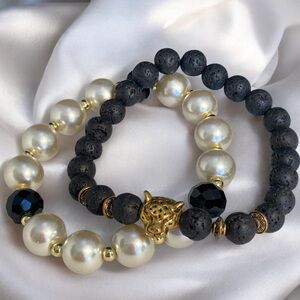 Lava Stone & Faux Pearl Stretch Bracelet Lot